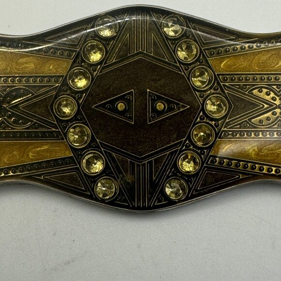 Vintage Brass & Amber-Toned Rhinestone Brooch Pin - Picture 2 of 4